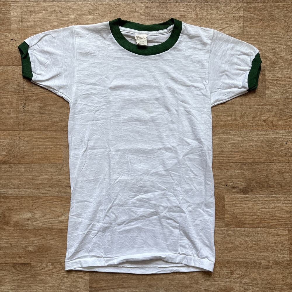Deadstock 70s 80s Mayo Spruce Ringer T Shirt 50/50 Youth L White Green NOS Blank